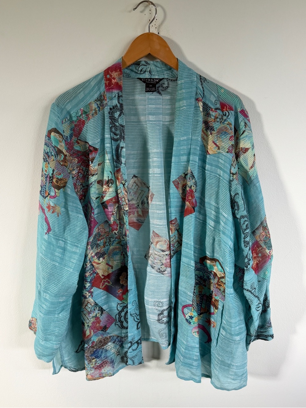 Citron Santa Monica Jacket Aqua Striped Open-Front lightweight linen silk 3X